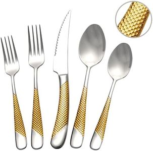 SHEUMNT 20 Piece Hammered Modern Silver Gold Silverware Set, 18/10 Stainless Steel Flatware Set, Golden Kitchen Utensil Set Service for 4, Tableware Set, Cutlery Set Including Fork Spoon and Knife