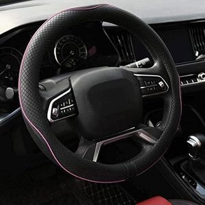 Rueesh Microfiber Leather Steering Wheel Cover Anti-slip Matte Finish Auto Car Wheel Cover Universal 15 Inch Wheel Cover for Car Embossing Pattern (Pink Line)