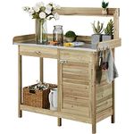 Yaheetech Garden Potting Table Wood Planting Germination Table w/Cabinet & Drawers Metal Surface Workstation with Hooks/Shelf for Patios Yard Lawn-Light Green