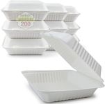 Mega Packaging 200 x Eco-Friendly Clamshell Takeaway Boxes, 9x9 inch 46oz / 1300ml, Made from Natural Sugarcane Pulp, Disposable Takeaway Container, Home Compostable Biodegradable, Sugarcane bagasse