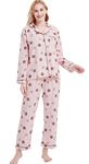 CHUNG Women Flannel Pajamas Set Long Sleeve Shirt Pants S-XL Sleepwear Button Down Cute Pattern,PinkBall,S