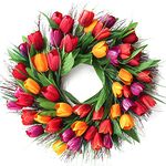 Hoomall 16" Tulip Wreath Spring Wreath, Spring Wreath for Front Door, Red Tulip Valentines Wreath for Indoor Outdoor, Home Office Wall Holiday Peony Wreath Decor Valentines Day Wreath