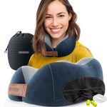 Neck Travel Pillow + Sleep Eye Mask + Ear Plugs + Bag, Soft Memory Foam, Blue Cover Washable | Journey Accessories Set: Airplane Car Bus Train Travelling Camping Gift Plane Flight Man Women Kids