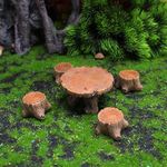 U-Vathing 5pcs Miniature Table and Chairs Set, Wooden Fairy Garden Furniture Ornaments Dollhouse Resin Fairy Tree Stump Stool Bench for DIY Micro Landscape Garden Decor (A)