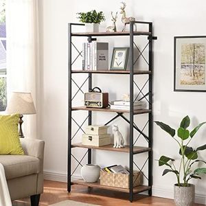 Industrial Bookshelf，5-Tier Vintage Bookcase and Bookshelves，Rustic Wood and Metal Shelving Unit，Display Rack and Storage Organizer for Living Room, Brown