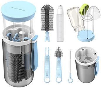 TechoEcho Travel Baby Bottle Brush Set with Extendable Liquid Silicone Bottle Brush，Nipple Brush，Built-in Bottle Drying Rack，Straw Cleaner Brush，Baby Bottle Soap Dispenser，Bottle Warmer (Blue)