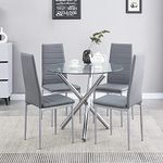 5 Pieces Dining Room Set for 4, Glass Round Kitchen Table with Grey Chairs Set Compact Circle Glass Table with Chairs Set for Dinette/Small Space and Apartment