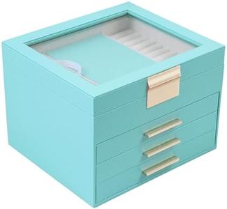 BOOVO Clear Lid Jewelry Box,4 Layers Jewelry Organizer Large Jewelry Storage Box with 3 Drawers,Jewelry Holder Organzier of Rings Earrings Necklace Bracelets for Women (Turquoise blue, 4 Layer)