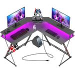 SEVEN WARRIOR L Shaped Gaming Desk with LED Lights & Power Outlets, 50.4” Computer Desk with Monitor Stand & Carbon Fiber Surface, Corner Desk with Cup Holder, Gaming Table with Hooks, Black