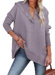 BETTE BOUTIK Womens Sweatshirts Button V Neck Long Sleeve Hoodies Oversized Sweatshirt Pullover Tops Winter Light Grayish Purple L