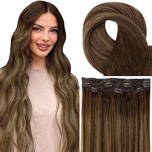 Fshine Extensiones Clip Pelo Natural 16 Pulgadas Cabello Humano Marrón con Caramelo Extensions Clip Humano Extensiones de Clip de Pelo Natural 3pcs 50g Extensiones Cobello Natural Color 4 24 4