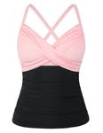 Hilor Underwire Tankini Swimsuits for Women Twist V Neck Tummy Control Bathing Suits with Big Bust, Gossamer Pink&black, 14