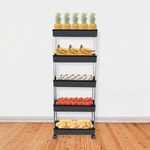 AEXONIZ Plastic Kitchen Storage Trolley Rack with Wheels, Slide Out Storage Shelves Space Saving Home Storage Organizer Utility Cart (Black, 5 Layer)