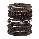 Manfnee 6PCS Braided Faux Leather Bracelet Punk Cuff Wrap Bracelets for Men Women Adjustable Brown