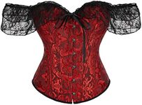 Moessa Women Floral Lace Off Shoulder Corset Bustier Boned Overbust Corset Bodyshaper Lingerie Top, Black/Red, Small