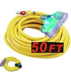 yellow extension cord 10/3 50 ft 10 Gauge Extension Cord Heavy Duty Indoor Outdoor SJTW Lighted End Rated 1875 Watts Copper Triple Tap Extension Cord (10 Awg Triple Outlet, 50 ft)
