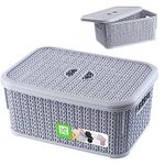 KADAX Storage Basket, Plastic Container with Lid, Decorative Box with Handles, Rectangular Organiser for Bathroom, Kitchen, Bedroom, Versatile Basket (Grey, 6 L)