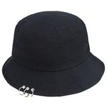 Kpop Bucket-Hat with Rings,Fisherman-Cap - Men Women Unisex Caps with Iron Rings, Black, One Size