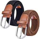 (2 Pack) Womens Stretch Canvas Braided Belt - Ladies Belts for Jeans, One Size, Brown & Black