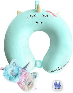 Travel Neck Pillow for Kids,Unicorn Memory Foam Pillow with Cute Eye Mask & Earplugs, Lightweight U-Shaped Travelling Pillow Set for Airplane, Car, Train, Bus and Home Use (Blue)