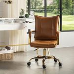 HULALA HOME Faux Leather Home Office Desk Chair, Adjustable Swivel Computer Chair with Golden Legs and Arms, Comfy Upholstered Task Chair Camel