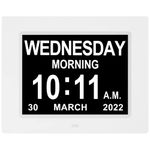 Extra Large Digital Calendar Day Date Time of Week Clocks Non-Abbreviated Day & Month 12 Alarm Options Perfect for Seniors Elderly with Dementia Impaired Vision Memory Loss Clock (8 Inch White)