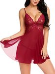 Bunanphy Lingerie Babydoll Nightwear Set for Women Chemise Sleepwear Dress with Thong Plus Size Red #B 16-18