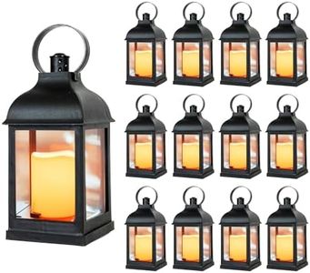 Just in Time for Winter (12 Pc Set) 10" Decorative Lanterns with Flameless LED Lighted Candle, 5 Hr Timer, Antique Look Indoor Outdoor Home, Garden, Weddings - Black. includes Bonus String Lights!