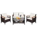 HAPPYGRILL 4 Piece Patio Conversation Set Rattan Sectional Sofa Set with Soft Cushions and Coffee Table, Outdoor Wicker Furniture Set with Acacia Wood Armrests, Perfect for Poolside, Garden, Backyard