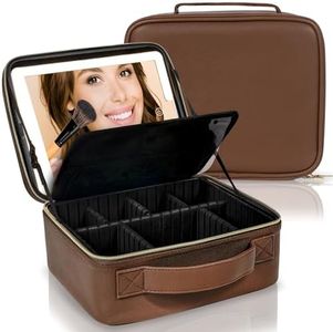 Herman Harbour Travel Makeup Bag with LED Lights, Waterproof Makeup Organizer for Vanity with Adjustable Dividers and Mirror, Makeup Travel Organizer for Girls Makeup, Rich Brown, Small, Modern