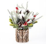 ilauke Mini Christmas Tree, Mini Potted Artificial Tabletop Christmas Tree with Pine Cones, Cottons and Red Berries Ornaments, Miniture Snowing Pine trees with Wooden Bases for Xmas Home Decor