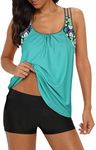 Zando Swimsuit for Women Sporty Tankini Swimsuits Strappy T-Back Push Up Tankini Top with Shorts Swim Suits Two Piece Bathing Suits 2 Piece Modest Swimsuits for Women Green Floral 10-12