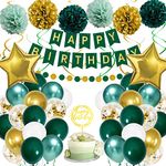 Birthday Decorations, Green Gold Birthday Party Decorations for Boy Girls Men Women, Birthday Balloons with Happy Birthday Banner, Paper Pompoms, Confetti Balloons for Birthday Party Decorations