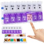 Shintop AM PM Pill Organizer 7 Day, Removable Lid Weekly Pill Box 2 Times Push Button Pill Case Medication Organizer for Vitamins, Supplements, and Fish Oil (Purple & White)