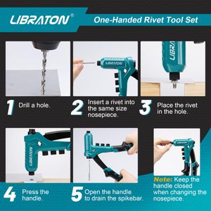 Libraton One-Handed Rivet Gun Set – 200 Rivets, 4 Heads, Drill Bits, Storage Case