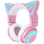 YOWU RGB Cat Ear Headphone 3G Wireless Bluetooth 5.0 Foldable Gaming Pink Headset with 7.1 Surround Sound, Built-in Mic & Customizable Lighting and Effect via APP, Type-C Charging Audio Cable -Pink