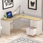 SHW L-Shaped Home Office Wood Corner Desk with 3 Side Drawers, Oak