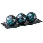 KMwares 12.4” Mosaic Glass Decorative Tray Dish Plate with 3pcs 3" Decorative Orbs Balls Sphere Decor for Living Room or Dining Coffee Table Mantle Decor Centerpiece (Turquoise)