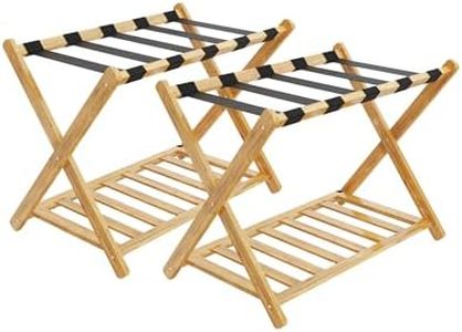 HonyQiShuo Luggage Racks, Folding Bamboo Suitcase Stand with Storage Shelf and Nylon Straps, Luggage Holders Assembled Suitcase Storage Caddy Holder for Guest Room, Hotel, Bedroom, Natural, Pack of 2