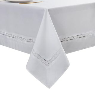 EHouseHome Heavy Duty Fabric Tablecloth with White Lace-Waterproof/Wrinkle Free/Stain Resistant/Oil Proof-for Dining,Indoor&Outdoor,Wedding,Holiday,White,Rectangle 60x144Inch