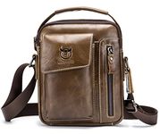 BULLCAPTAIN Genuine Leather Men Bags Shoulder Bag for Mens Everyday Casual Messenger Bag Handbag, Brown, 8.66''x7.08''x1.97''