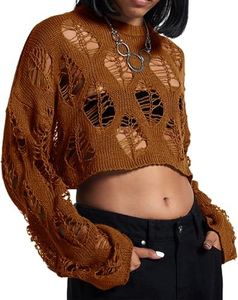 Vinsekep Womens Gothic Short Sweaters Casual Hallow Out Oversized Punk Goth Black Sweater Long Sleeve Ripped Crop Tops with Holes OneSize Dark Orange