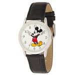 Disney Mickey Mouse Adult Classic Cardiff Articulating Hands Analog Quartz Leather Strap Watch, SLV/Black