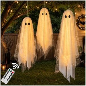 AYGXU Halloween Decorations outdoor/indoor-3pcs Hanging Ghost Decor with Light,Halloween Ornaments,Hallowee n Decor for Tree,Yard,Window,Garden