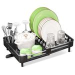 SAYZH Dish Drainer Rack, Expandable Stainless Steel Sink Dish Rack and Draining Board Set, Dish Drying Rack with Utensil Holder and Swivel Drainage Spout for Kitchen Counter, Black