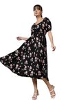 OOMPH! Printed Crepe Dress for Women, Puffed Sleeve, Black - md986