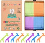 LILY & EDITH Kids Biodegradable Dental Floss Picks 200 Counts, Fluoride Free, Chemical Free, Plant Based Compostable, Fun Animal Flossing Sticks, Ultra Sturdy Thread, Zero Waste Package (Unflavored)