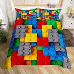 Erosebridal Construction Bedding Sets Colorful Comforter Cover 3D Building Blocks Duvet Cover Queen,Kids Boys Bricks Quilt Cover Rainbow Gradient Room Decor for Teen Girls,Red Yellow Green Blue Grey