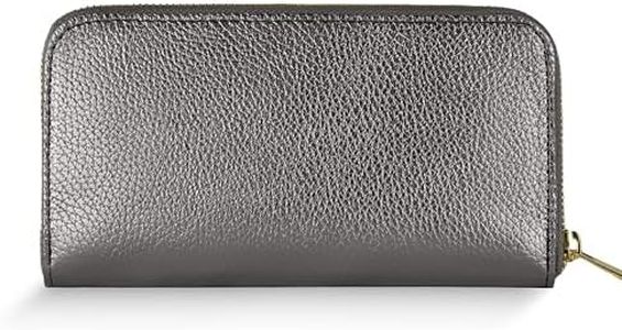 TAKEASY Italian Genuine Metallic Leather Wallet for Women with 3 Compartments & Zip Close | Small Rectangular Card Holder (Anthracite)