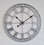 HH Home Hut Outdoor Wall Clock Large Roman Numerals Indoor Giant Open Face Metal 80cm Garden Silver